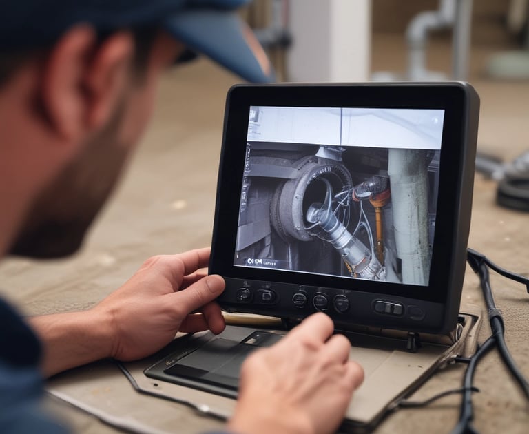 Close-up of plumber using a sewer camera screen, showing live footage of a pipe interior.