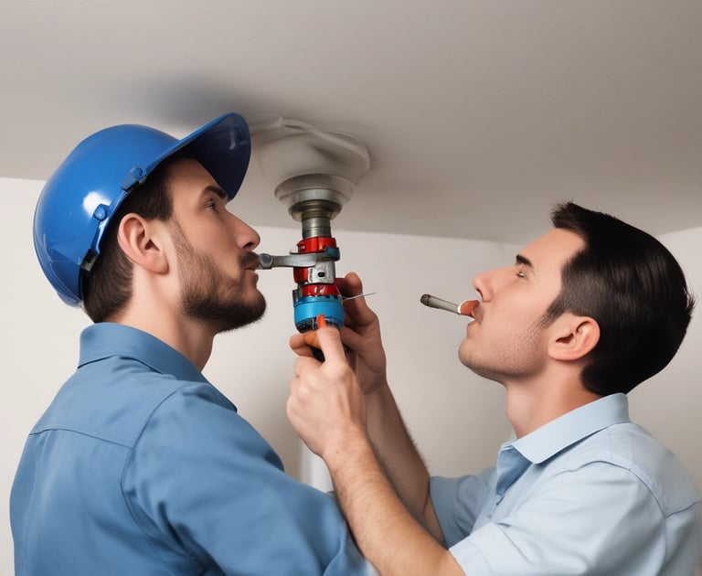 Plumbers inspecting a wall or ceiling for moisture.