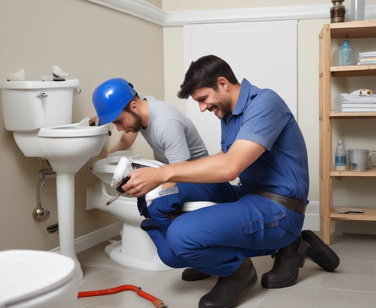 Two plumbers in blue work wear working on a toilet.