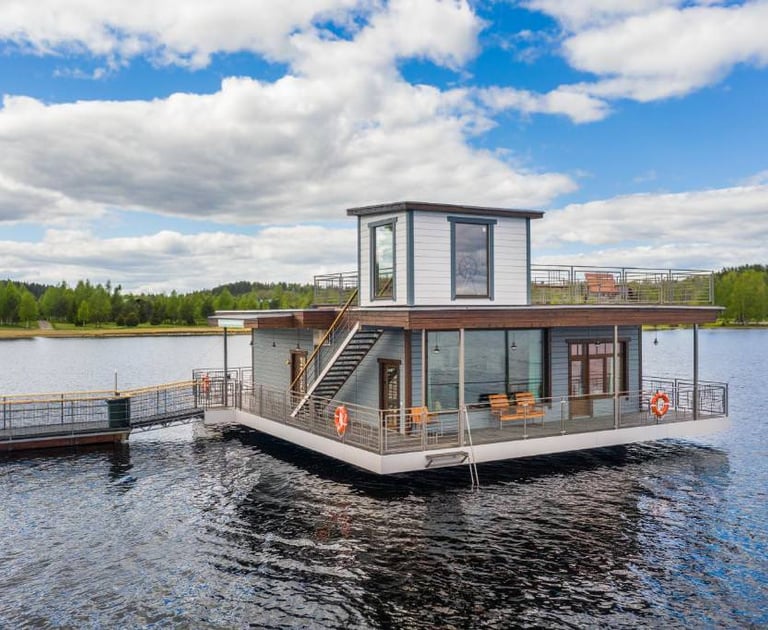 a houseboater's floating houseboat on a lake
