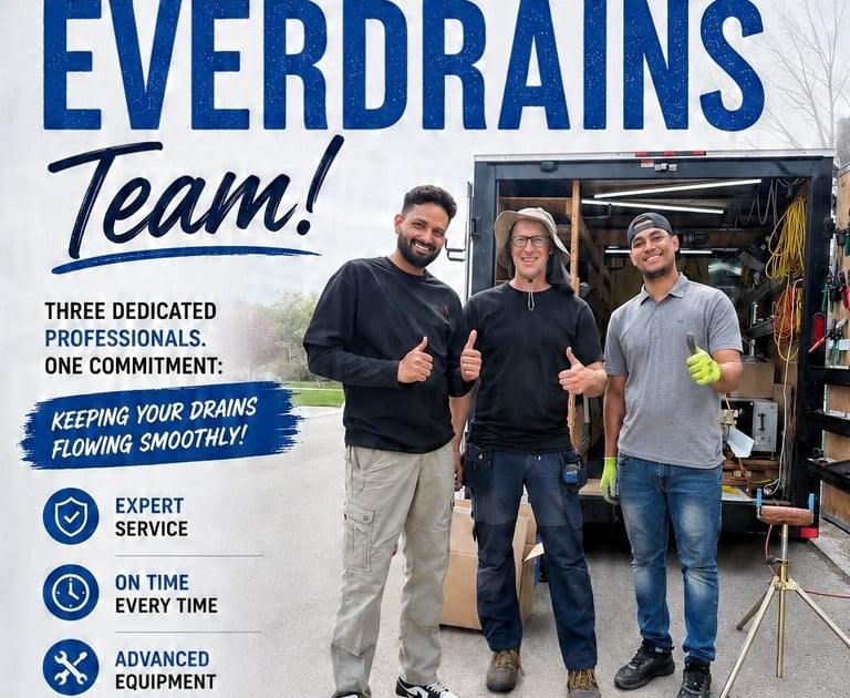 EverDrains team members standing in front of a service trailer, showcasing Calgary's trusted gutter, soffit, fascia