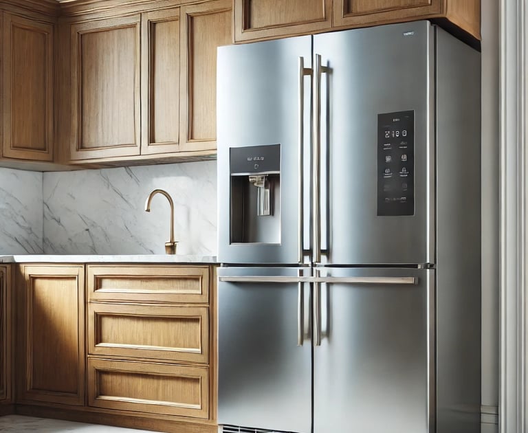 a kitchen with a refrigerator in Kanata