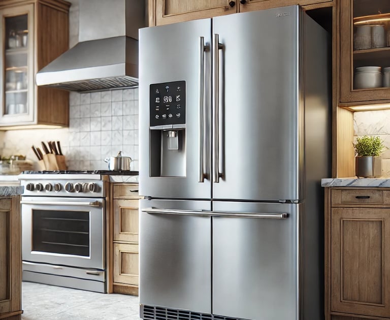 a kitchen with a stainless steel refrigerator