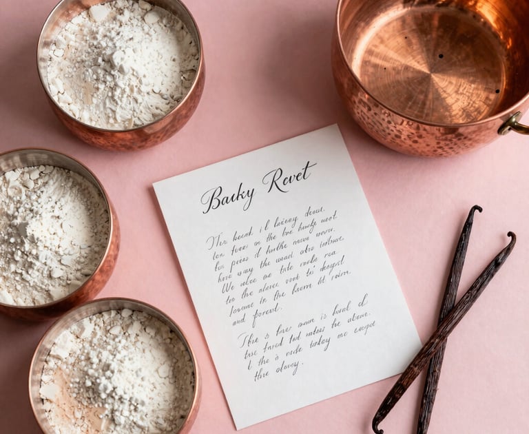 A beautifully arranged flat-lay of baking essentials on a dusty pink background: copper mixing bowls, artisanal flour, high-quality vanilla beans, and a handwritten recipe card with elegant calligraphy. Warm, natural lighting, stylish professional bakery aesthetic.