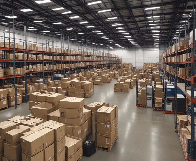 A warehouse aisle lined with tall metal shelves stacked with packaged goods. The shelves have labels and signs indicating different sections and product codes. The floor guides with blue lines direct the traffic flow within the facility.