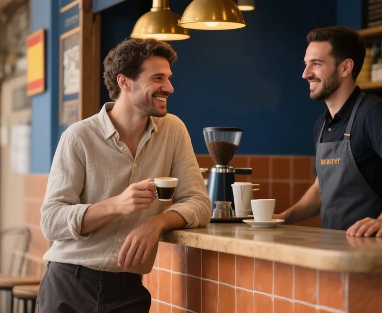 Two men smiling and talking at a cafe counter, representing friendly Spanish conversation
