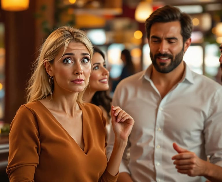 Woman with confused expression while others converse, symbolizing fear of speaking Spanish