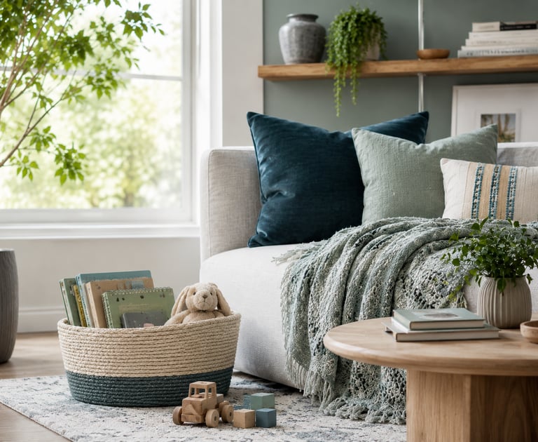 Modern living room decor featuring a woven toy storage basket, plush pillows, and a textured throw blanket.