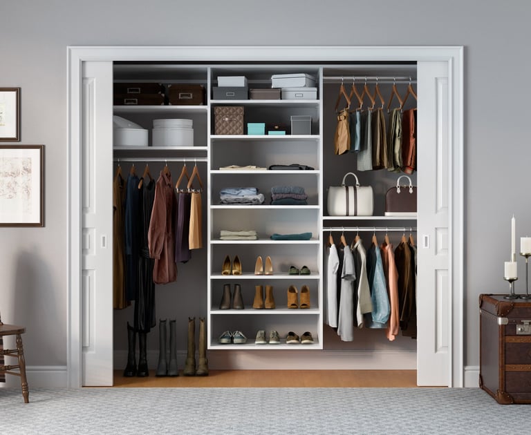 reach-in closet with everything organized including purses, clothes