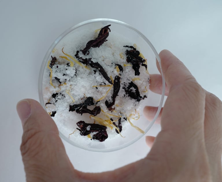 Bath salt ingredients - flowers, salt and essential oils