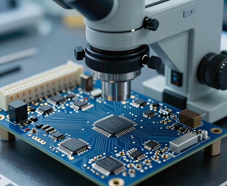 A highly detailed close-up of a modern circuit board under a diagnostic microscope in an engineering workshop. Soft lighting in authoritative blue and slate tones, showcasing clean technical tracks, solder points, and microchips. Authentic professional lab environment.