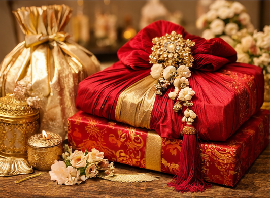  Opulent bridal gift wrapping in Delhi NCR weddings with silk, velvet, and metallic accents.
