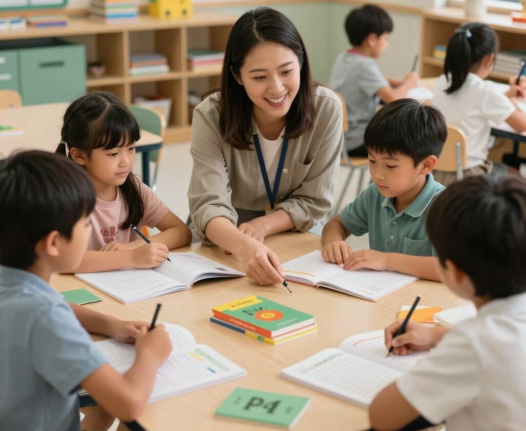 A warm, high-quality photograph of an elementary classroom setting in a North American / Global Multicultural school. An educator and young children gather around an activity table filled with colorful workbooks, warm beige and sage green educational materials, reflecting joy and active learning.