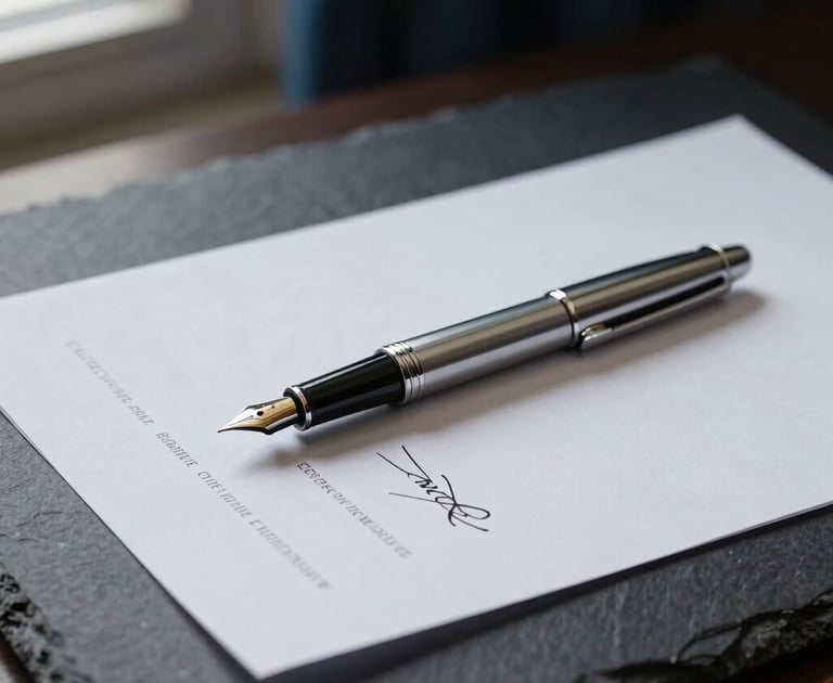 Detailed shot of a silver fountain pen resting on a signed corporate agreement, soft shadows, elegant slate background, 35mm lens.