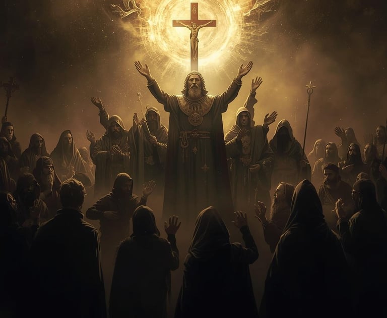 Christian religious painting of a priest leading a prayer under a glowing crucifix with a heavenly light.