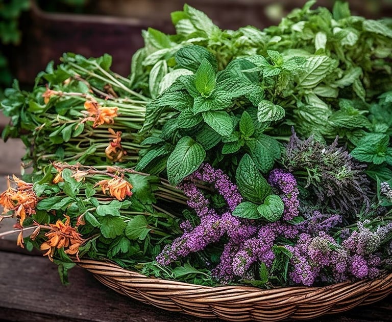 panier rempli de plantes et de fleurs cueillies avec amour