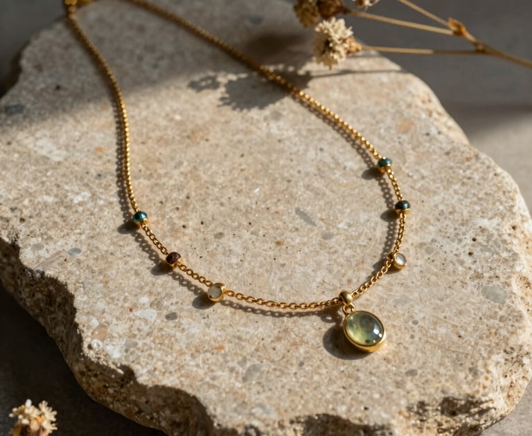 A beautiful flat lay of handcrafted bohemian jewelry on a piece of raw sandstone. Soft brass necklaces with delicate small gemstones, dry wildflowers, soft warm shadows from the late afternoon sun, organic rustic vibes, Breton workshop, photography.