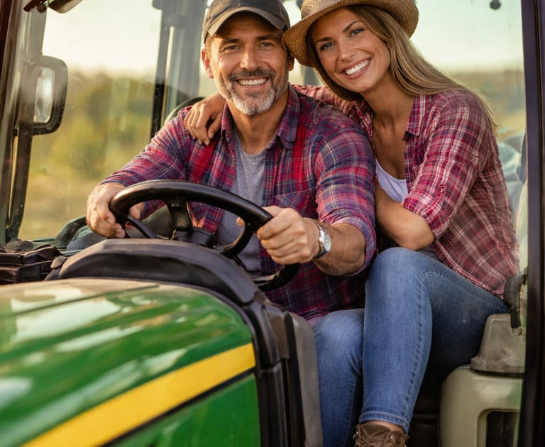 Ένας ανδρας και μια γυναίκα αγρότες χαρούμενοι πάνω στο τρακτέρ τους