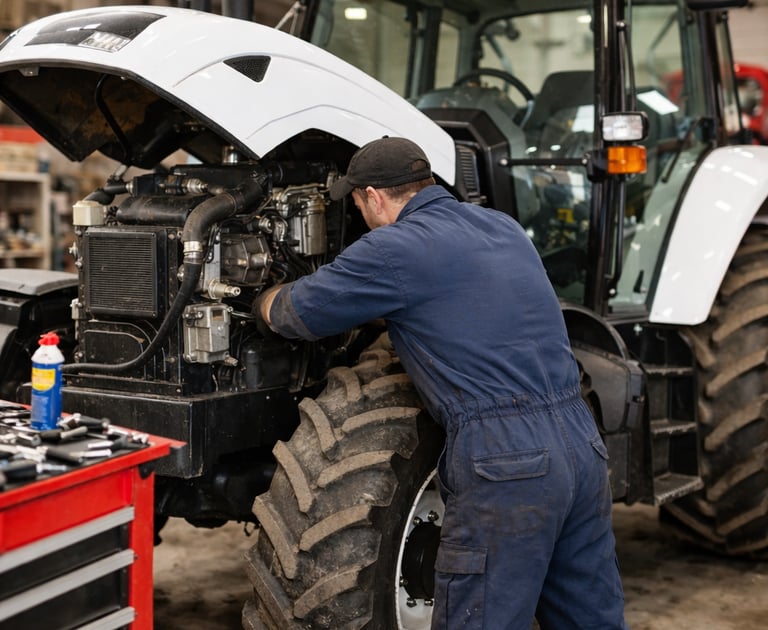 Ένας μηχανικός τρακτέρ επισκευάζει ένα lamborghini τρακτέρ στη μηχανή του