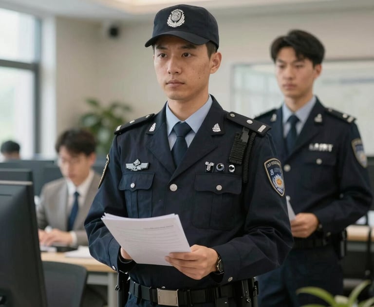 Security personnel monitoring a corporate building entrance.