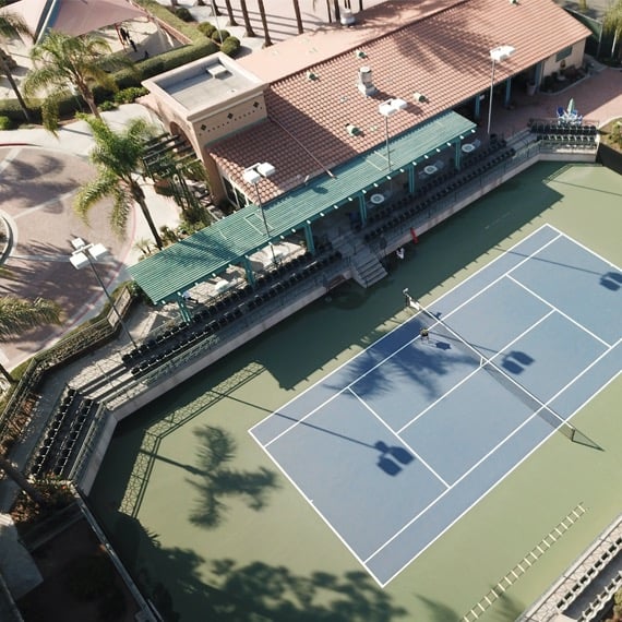 Drone shot of the Burbank Tennis Center's stadium court