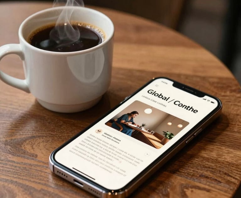 A close-up photograph of a steaming mug of black coffee next to a modern smartphone displaying a beautifully styled digital e-book layout, on a textured wooden café table. Rich espresso brown and soft cream highlights, warm and inviting atmosphere, Global / Modern Urban Café Culture.