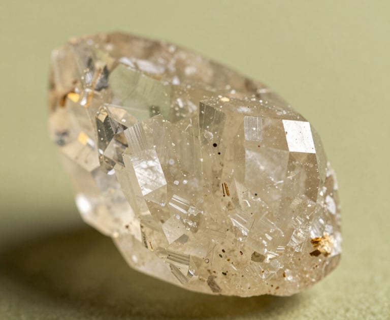 A close-up, high-detail macro photograph of a raw, translucent potassium alum crystal block. The mineral's natural geometric facets catch warm, soft sunlight, highlighting its pure and organic structure. Set against a serene light olive green background, creating a calm, eco-luxury atmosphere tailored for North American and European Eco-conscious clients.