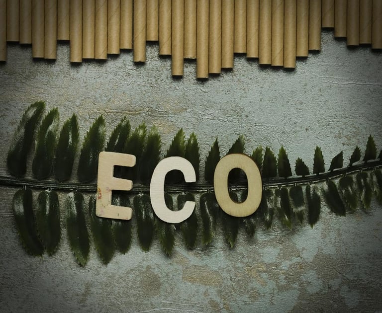 fond béton avec décoration bois et feuille verte avec le mot éco