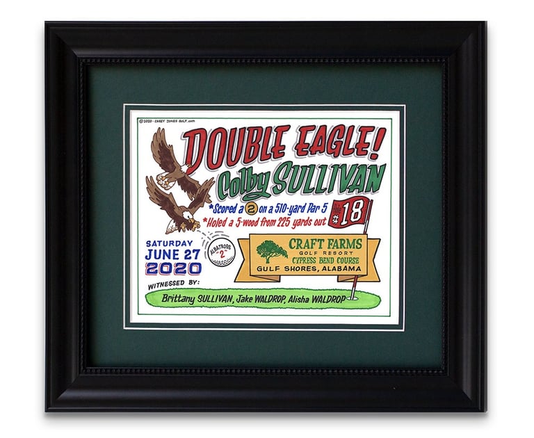 A framed piece of artwork for a golfer's double eagle. Images include two soaring eagles over the details of the shot.