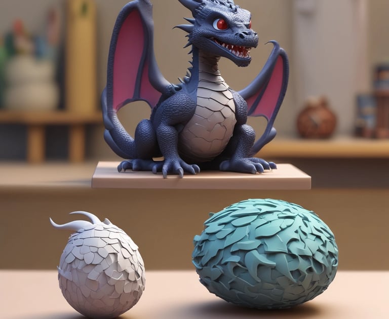 A collection of intricately designed 3D printed models displayed on a wooden table.
