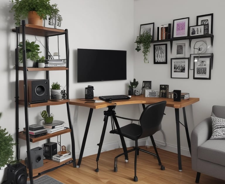 a desk with a computer and a chair