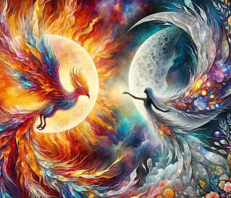 Femme devant la lune qui affronte le phenix