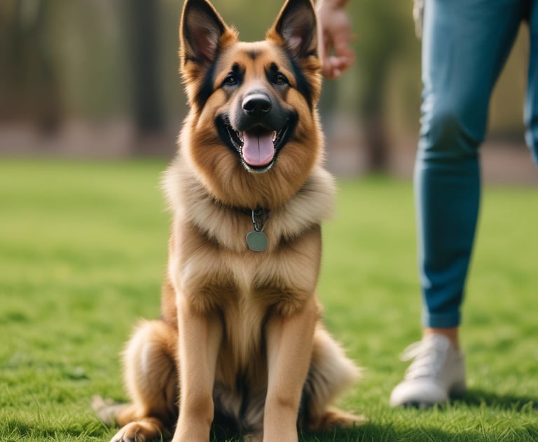 A cartoon sign featuring a dog holding a bag in its mouth, set against a backdrop of fluffy clouds and a blue sky. The sign reads 'Get Caught Holding the Bag' and below it warns 'Please pick up after your dog'. It is positioned in a park with green grass, a few trees with autumn leaves, and a clear blue sky.