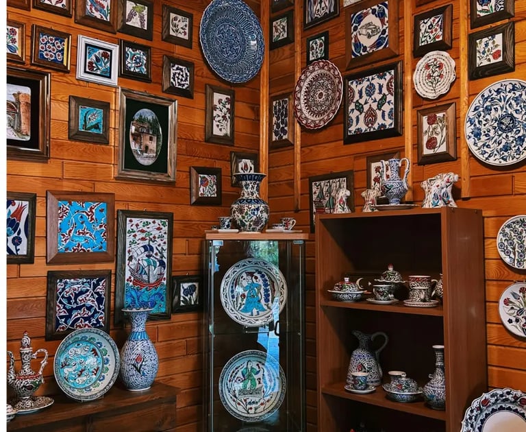 a room with a lot of plates and plates