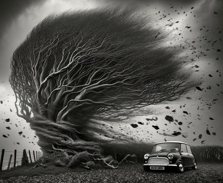 Illustration of a 1961 Austin Mini in the line of a storm