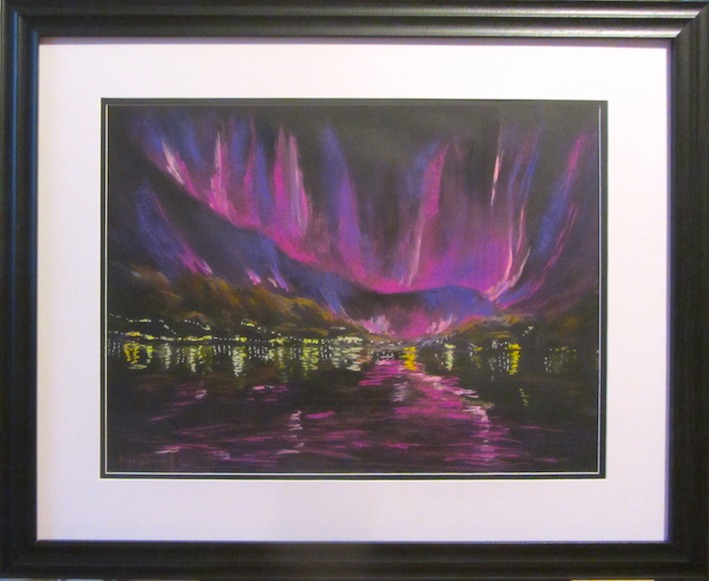 Reflections of the Southern Lights shining on a port in Australia. Soft pastel on black paper