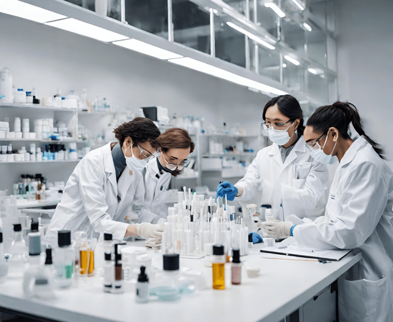 scientists in a lab formulating cosmetics in skincare