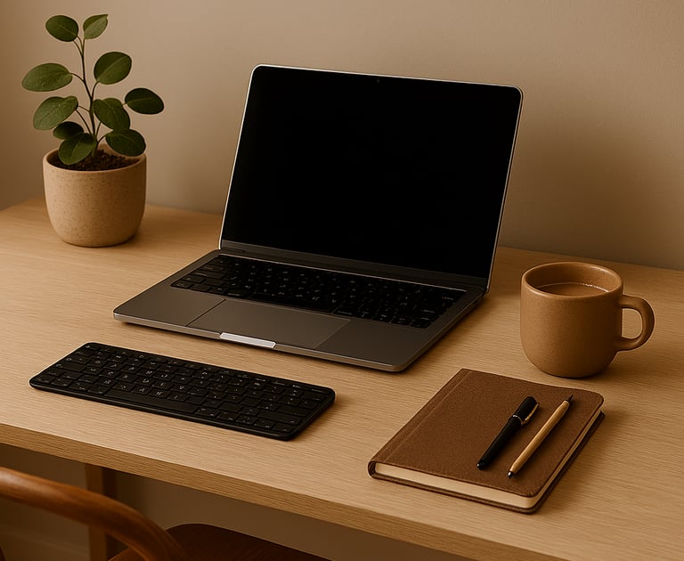 Minimalist desk setup with laptop, notebook, mug, and potted plant