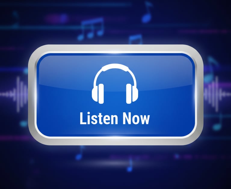 A glossy blue Listen Now button with a white headphone icon over a dark musical background.
