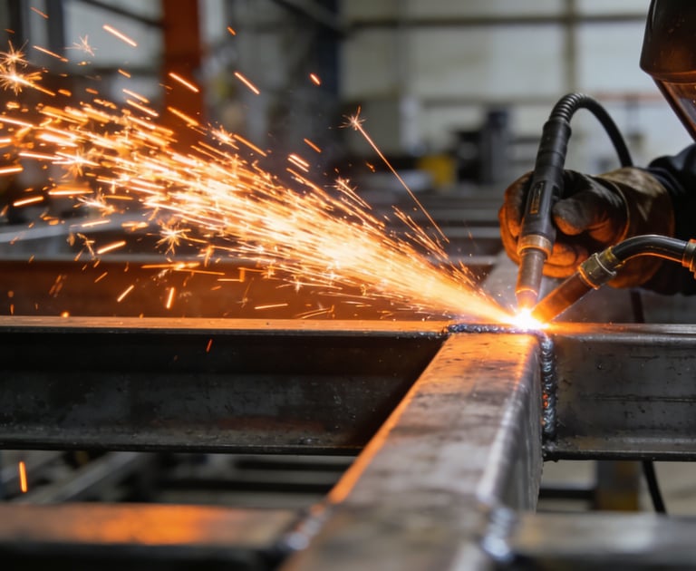 A professional welder in safety gear uses a torch to weld steel beams, creating bright orange sparks.