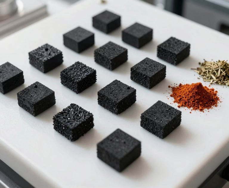 A top-down macro shot of graded spices and moisture-tested coconut charcoal briquettes on a clean, white industrial inspection table, bright daylight.