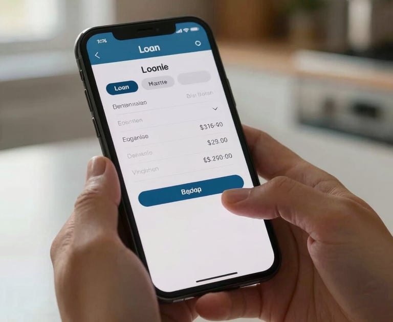 Close-up of hands holding a smartphone displaying a loan quote screen, natural window light from the left, shallow depth-of-field on the screen, warm off-white kitchen surface blurred in background