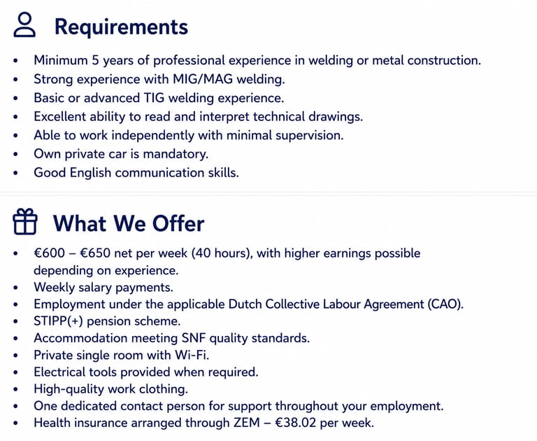 Welder Jobs Netherlands – Requirements/What We Offer