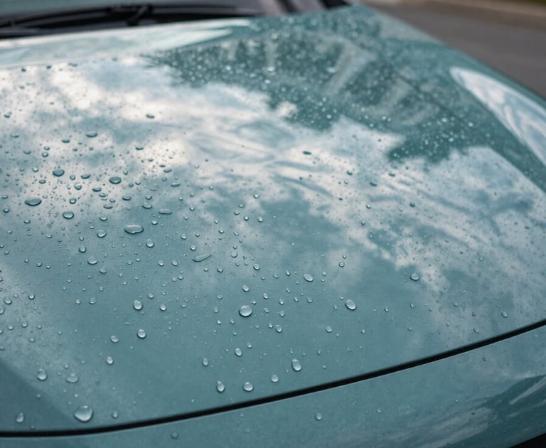 Close-up of water droplets beading perfectly on a teal-colored car hood after a ceramic coating treatment. The lighting is crisp, showing clear reflections of a US suburban sky.