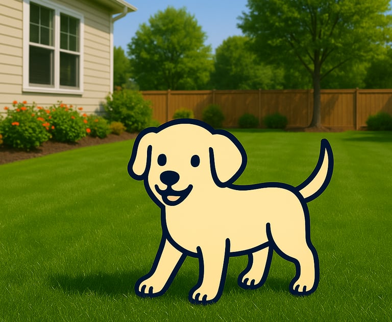 Cartoon dog happily wagging tail in a tidy residential yard, representing Doo Ing It pet waste remov