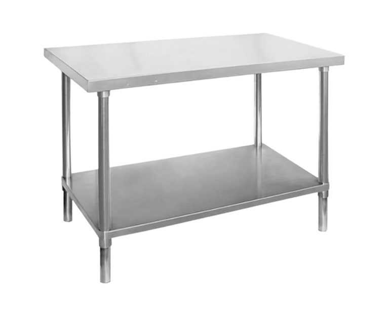 A heavy duty stainless steel table featuring a reinforced flat worktop and a solid bottom shelf for commercial storage.