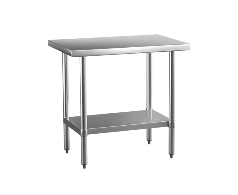 Compact prosumer stainless steel bench featuring a solid under shelf and adjustable bullet feet.