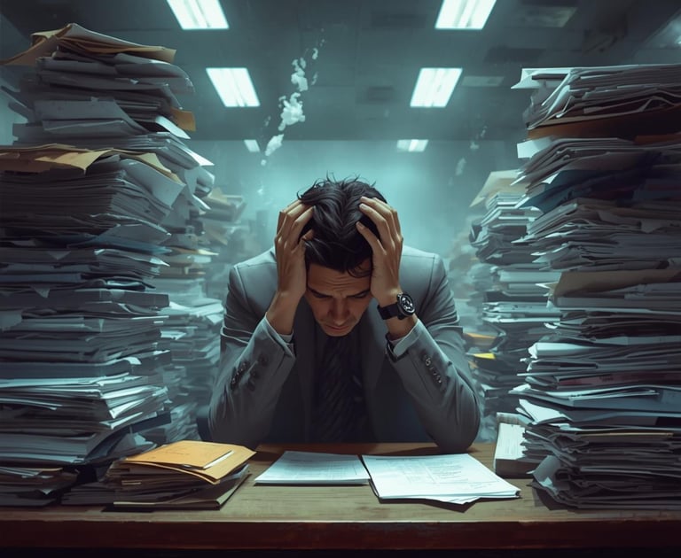 Overwhelmed man holding his head while surrounded by work, representing inefficient manual business 