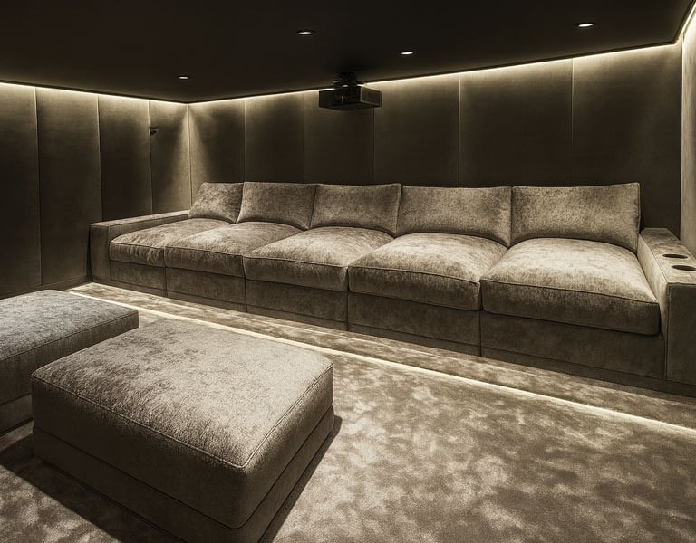 Luxury home theater with custom chaise lounges, matching ottomans, and upholstered wall panels, crafted by Solo Home Decor