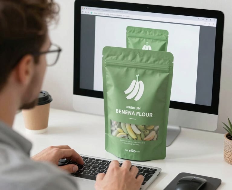 Graphic designer working on green premium banana flour pouch packaging design on a desktop computer.